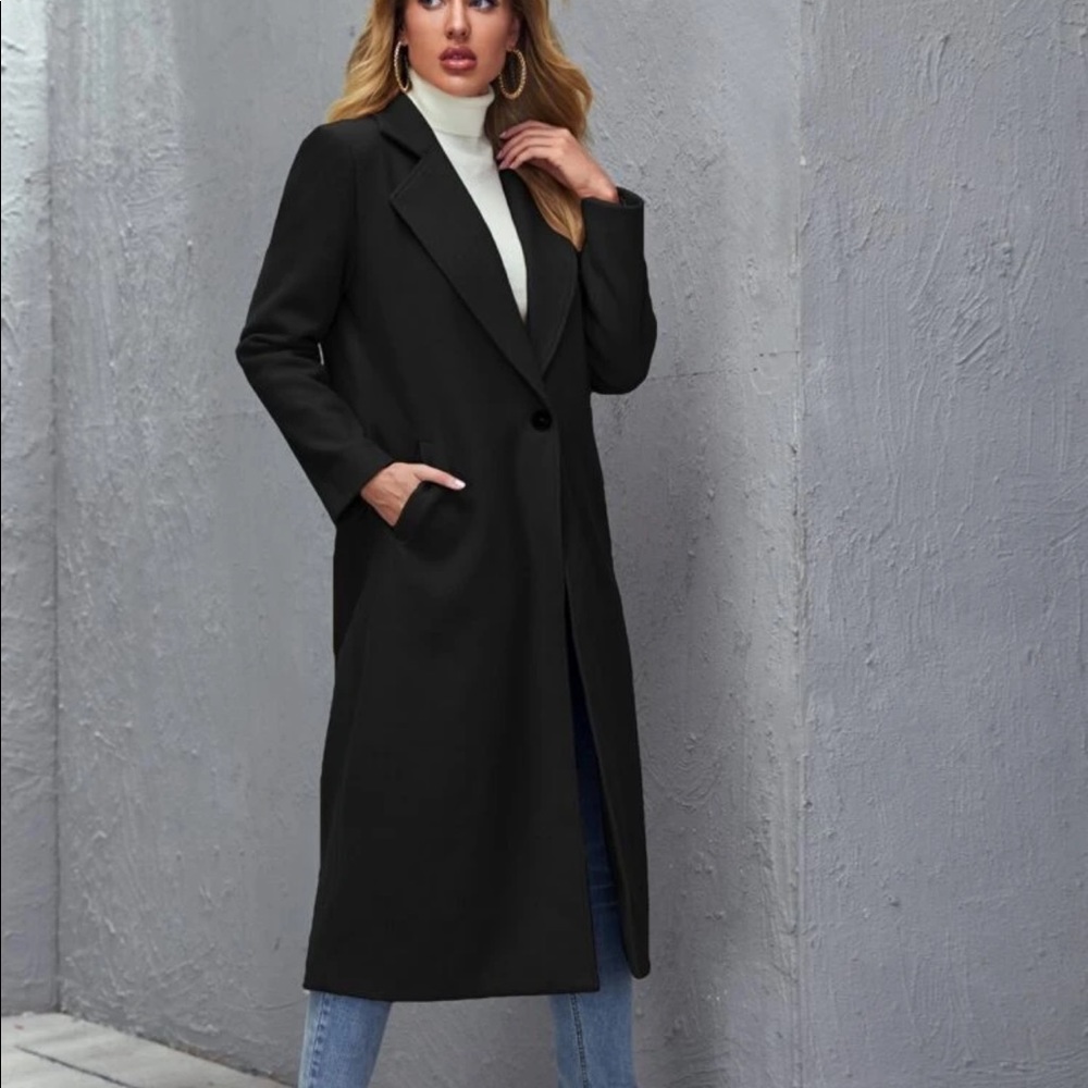 long peacoat jacket trench coat black minimalist long line - Picture 3 of 5